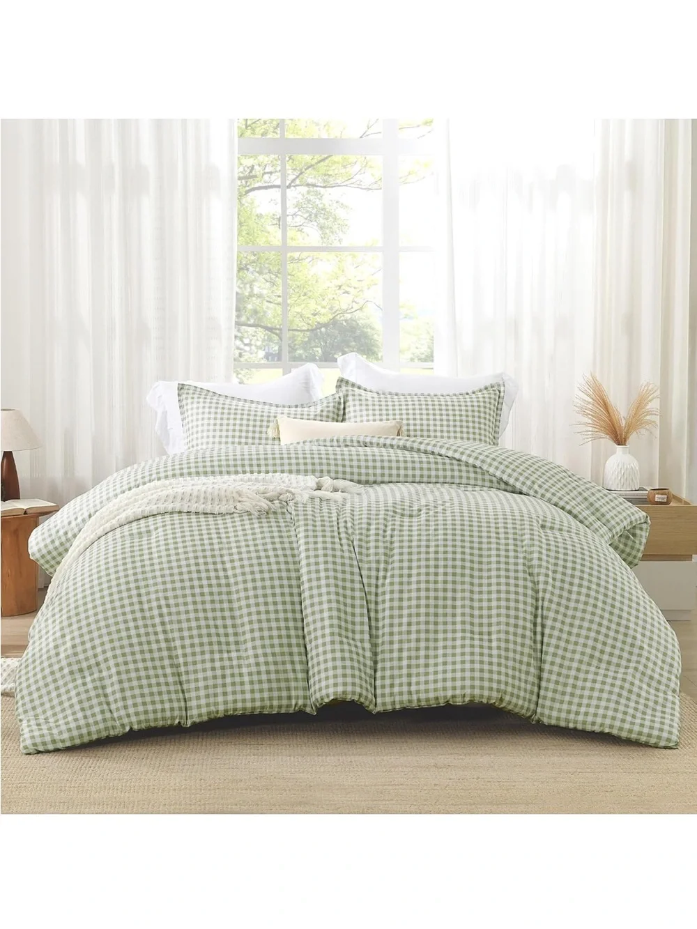 NEW Sage Gingham Comforter Set, Green Checkered, 3 Pieces. Full